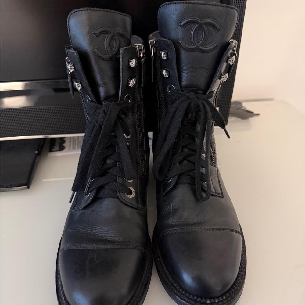CHANEL Black Leather Lace-Up Boots
